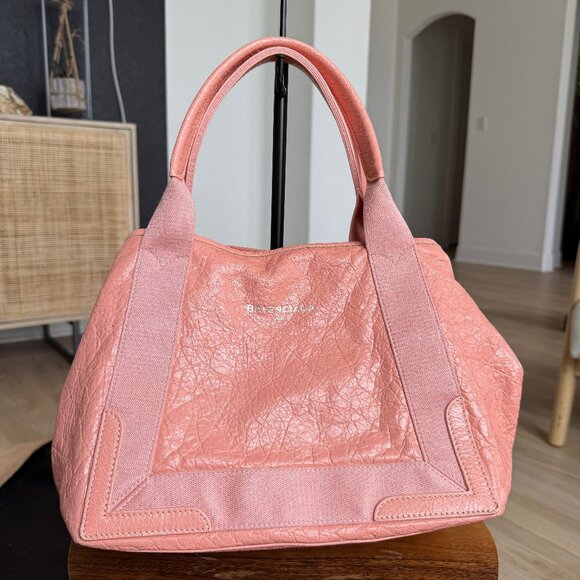 Balenciaga Navy Cabas Pink Leather Tote Bag - Picture 1 of 9